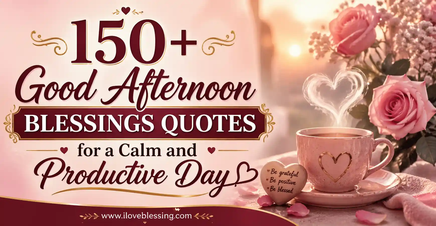 Romantic good afternoon blessings quotes banner with roses, coffee cup, and warm sunset background, promoting calm and productivity for a peaceful day