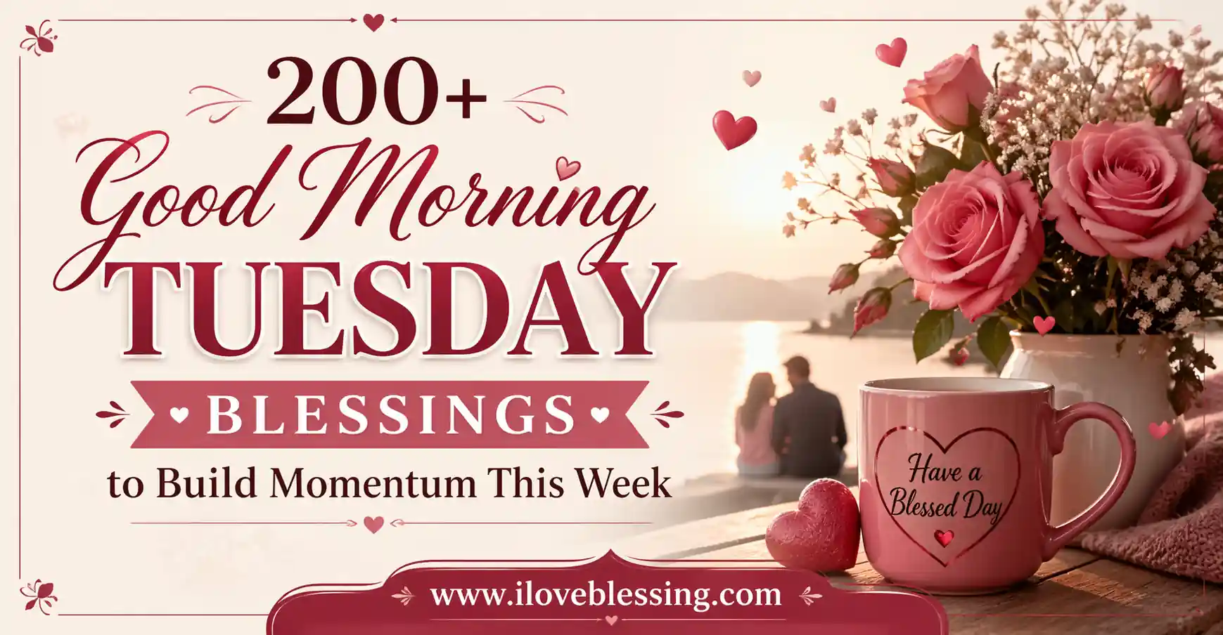 Romantic good morning Tuesday blessings banner with roses, coffee mug, and couple by sunrise, uplifting weekly motivation theme for positivity and love