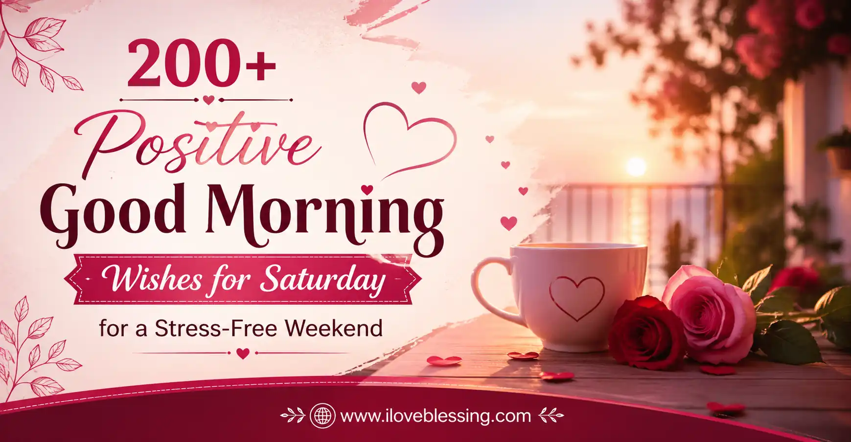 Positive Good Morning Saturday wishes image with romantic sunrise, coffee cup, roses and cozy weekend vibes for stress free morning inspiration