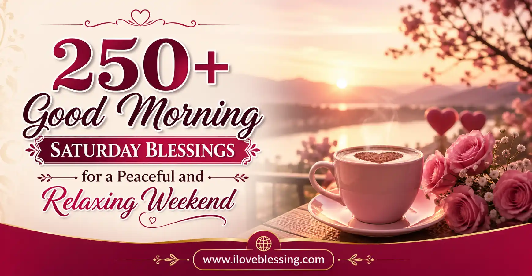 Romantic good morning Saturday blessings image with sunrise, coffee cup, pink roses, and relaxing weekend theme for peaceful inspiration