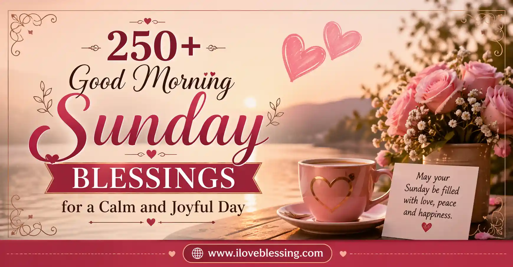 Romantic Sunday morning blessings image with roses, coffee cup, and soft sunrise background, featuring peaceful and joyful vibes for a calm day.
