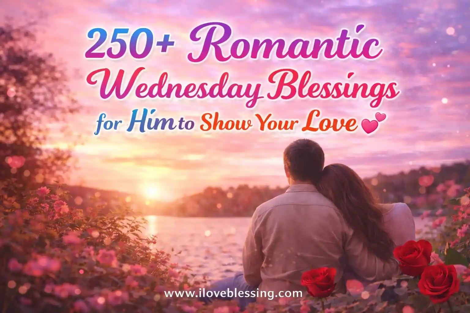 Romantic sunset by the lake with a couple sitting together, roses and soft lights, featuring “250+ Romantic Wednesday Blessings for Him