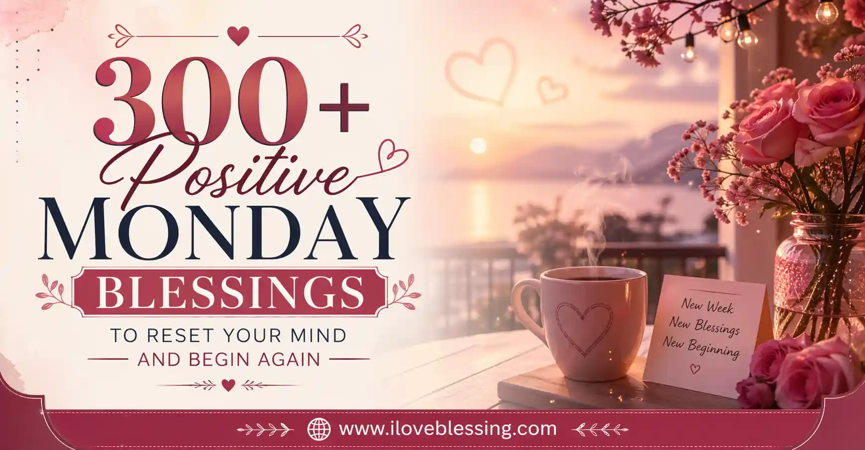 Romantic sunrise background with coffee, flowers, and stylish text “300+ Positive Monday Blessings” with calming aesthetic and website branding.