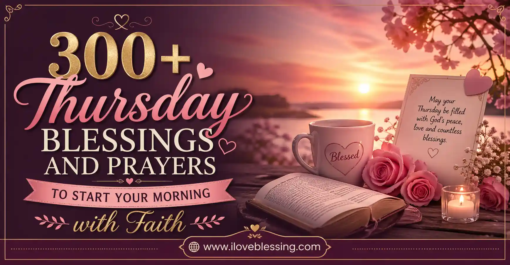Romantic Thursday blessings image with sunrise, flowers, candle, and Bible, featuring “300+ Thursday Blessings and Prayers” in stylish typography.