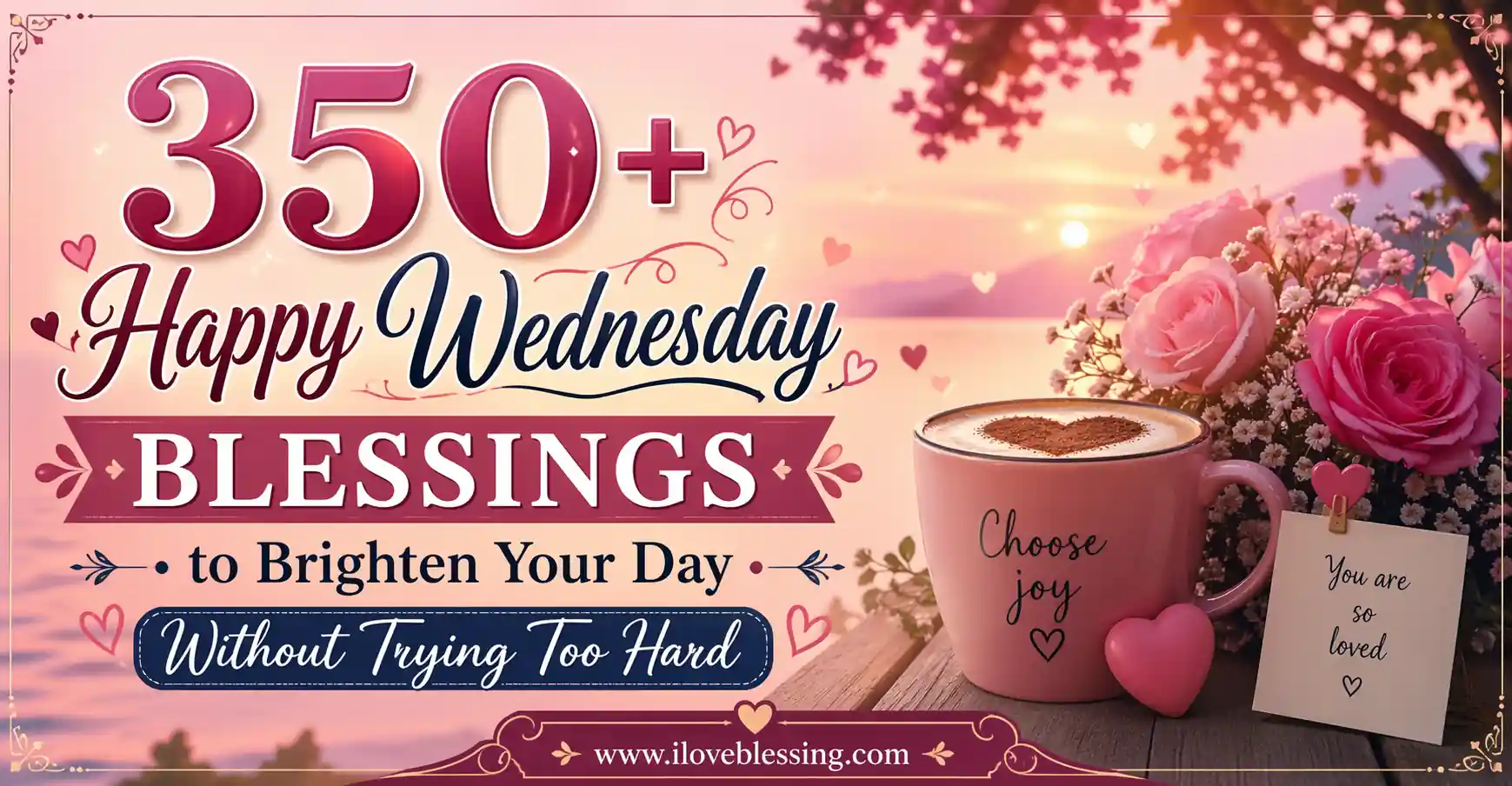 Happy Wednesday blessings graphic with romantic pink sunset, roses, coffee cup, and uplifting quotes to brighten your day, plus iloveblessing branding