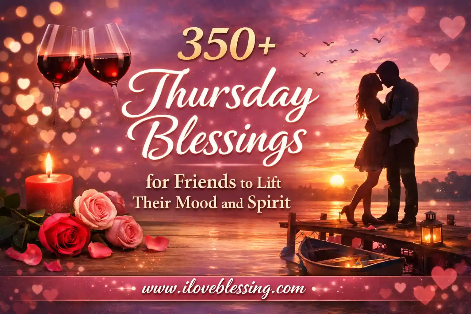 Romantic Thursday blessings image with sunset couple, roses and candle, inspiring friends mood and spirit, 350+ blessings theme, warm aesthetic