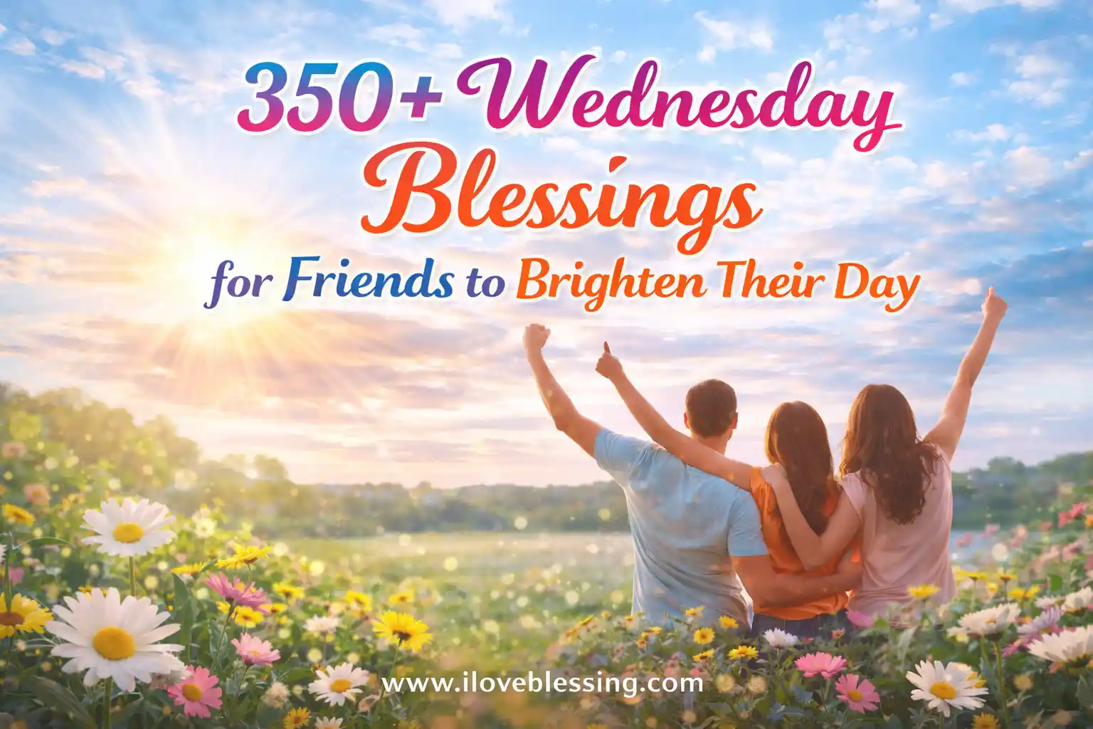 Sunny field with blooming flowers and friends raising hands together, featuring “350+ Wednesday Blessings for Friends to Brighten Their Day