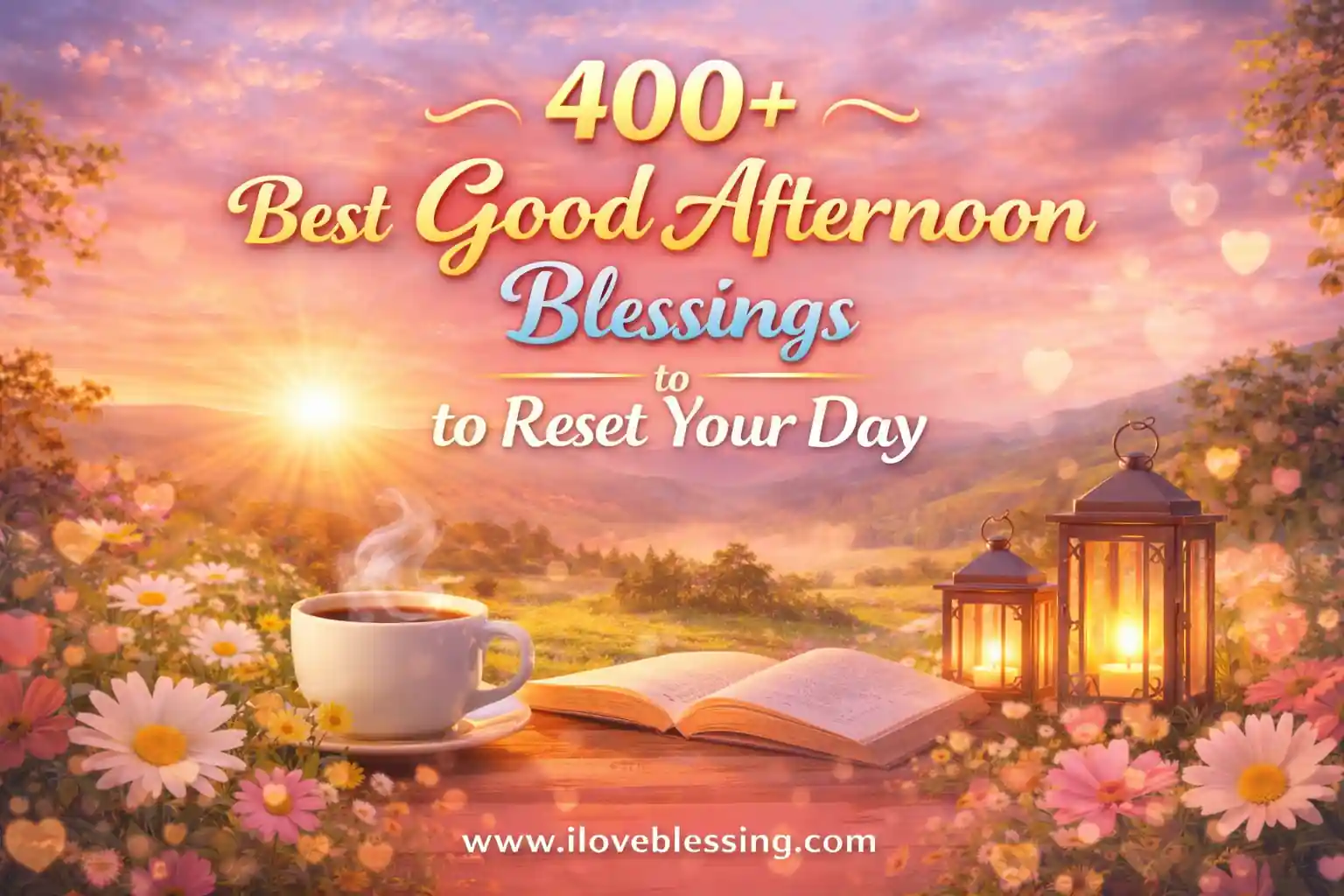 400+ Good Afternoon Blessings banner with romantic sunset, flowers, coffee, and peaceful nature scene for positivity and daily inspiration
