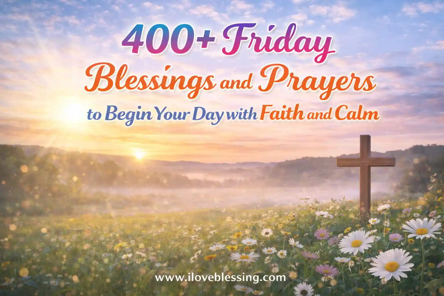 Friday blessings banner with sunrise, cross, flowers, and text about prayers, faith, and calm start to the day on iloveblessing.com