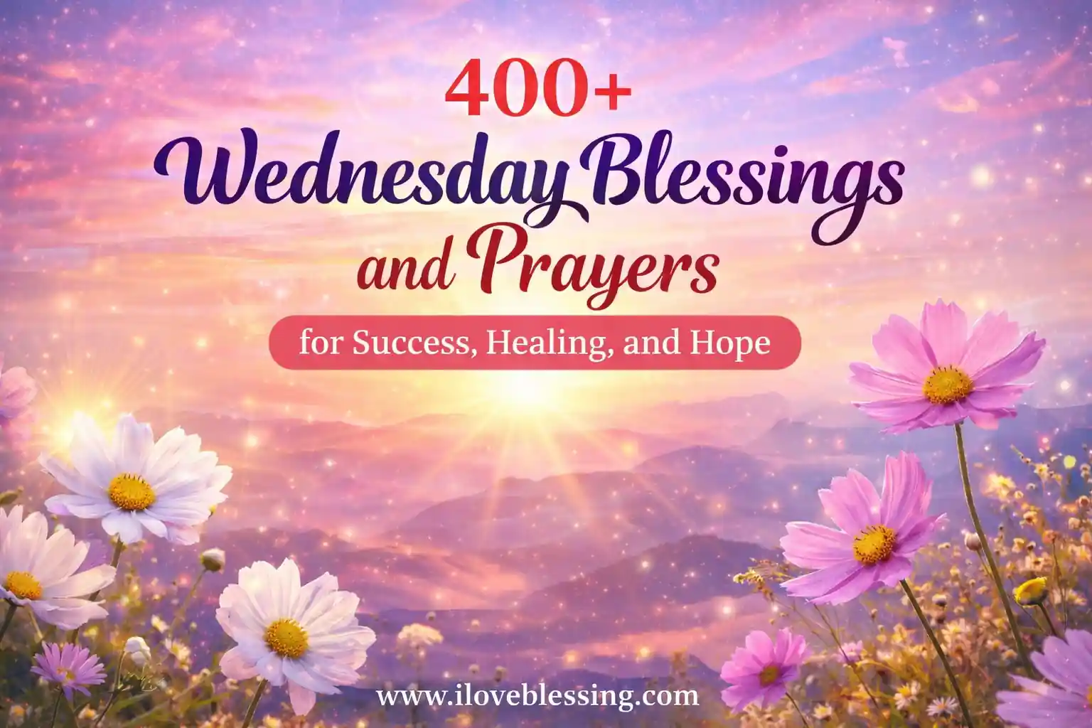 Sunrise over mountains with colorful flowers and glowing sky, featuring “400+ Wednesday Blessings and Prayers for Success, Healing, and Hope