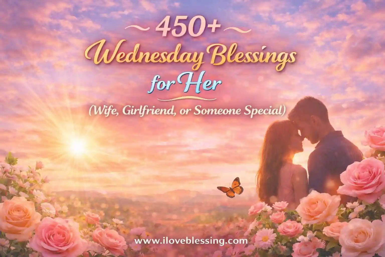 Romantic Wednesday blessings banner with couple, roses, sunrise sky, and text “450+ Wednesday Blessings for Her” with website footer.