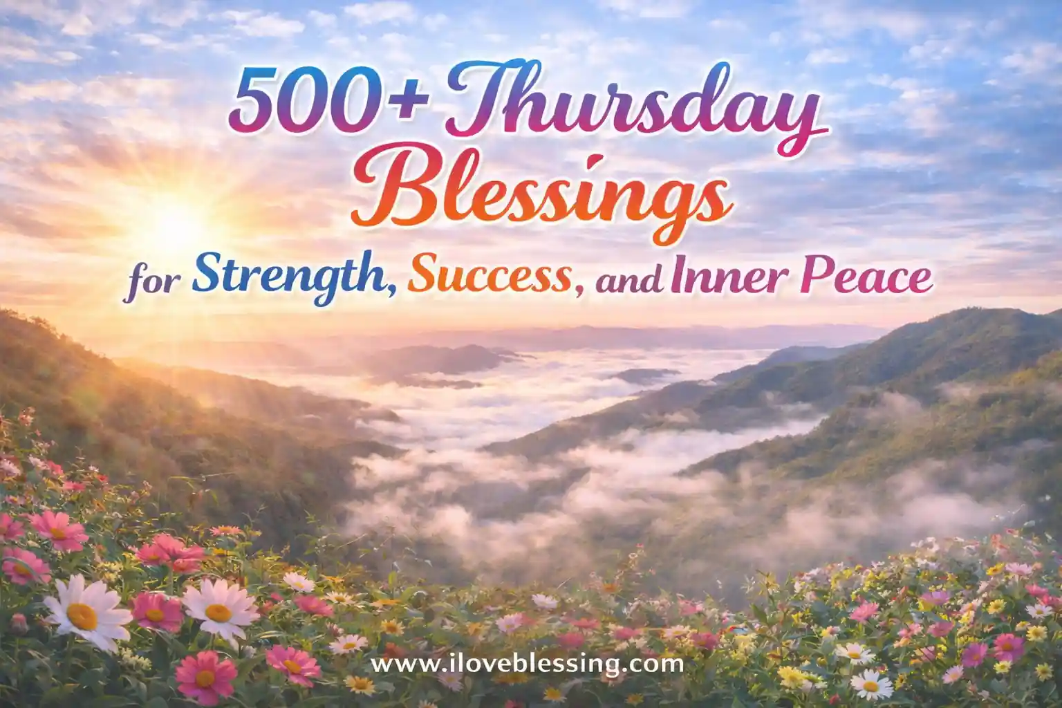 Thursday blessings image with sunrise mountains, flowers, and text about strength, success, and inner peace for sharing positivity online.
