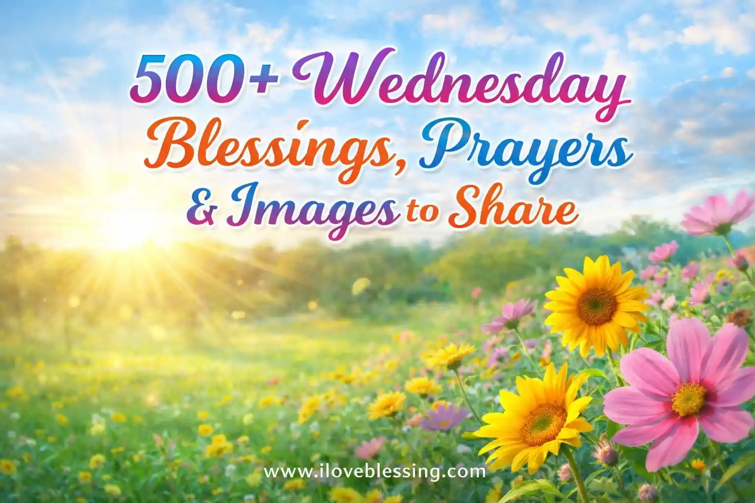 Bright sunrise over a flower-filled field with colorful blooms, featuring “500+ Wednesday Blessings, Prayers & Images to Share