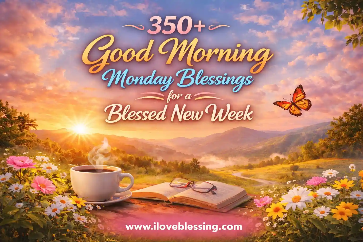 Sunrise over a peaceful valley with flowers, coffee cup, and book, featuring “350+ Good Morning Monday Blessings for a Blessed New Week