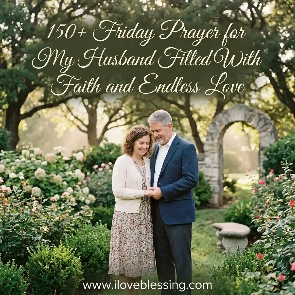 A couple smiles and holds hands in a lush garden with roses and a stone archway. Text reads: "150+ Friday Prayer for My Husband Filled With Faith and Endless Love."