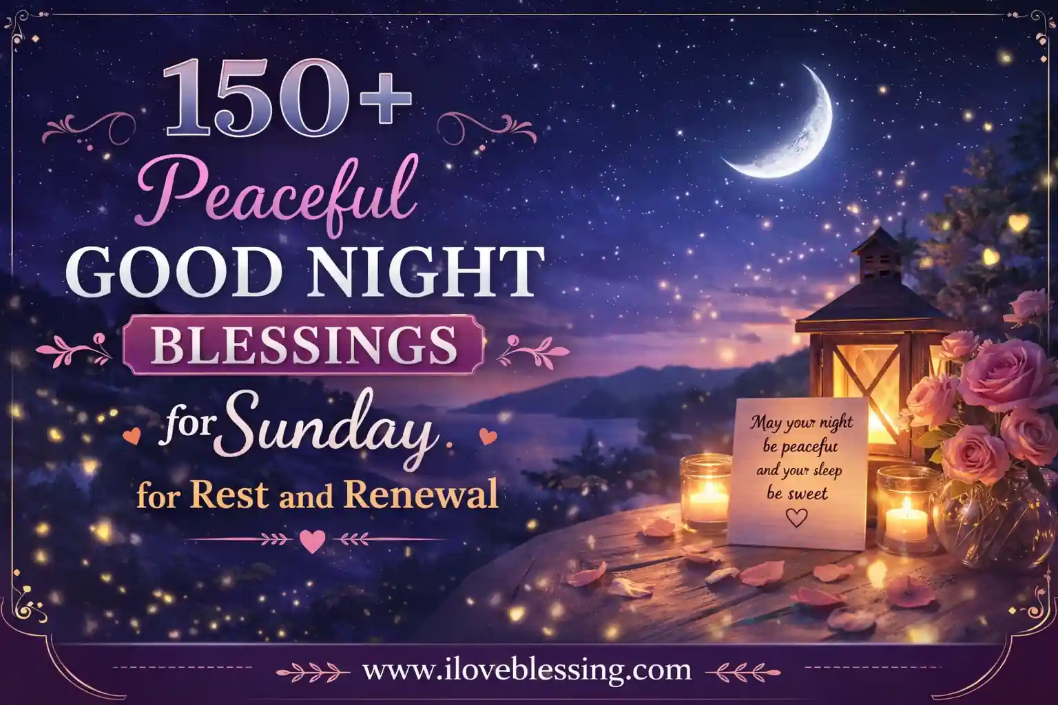 Peaceful Sunday good night blessings image with moonlit sky, glowing lantern, candles, roses, and calming text for rest and renewal.
