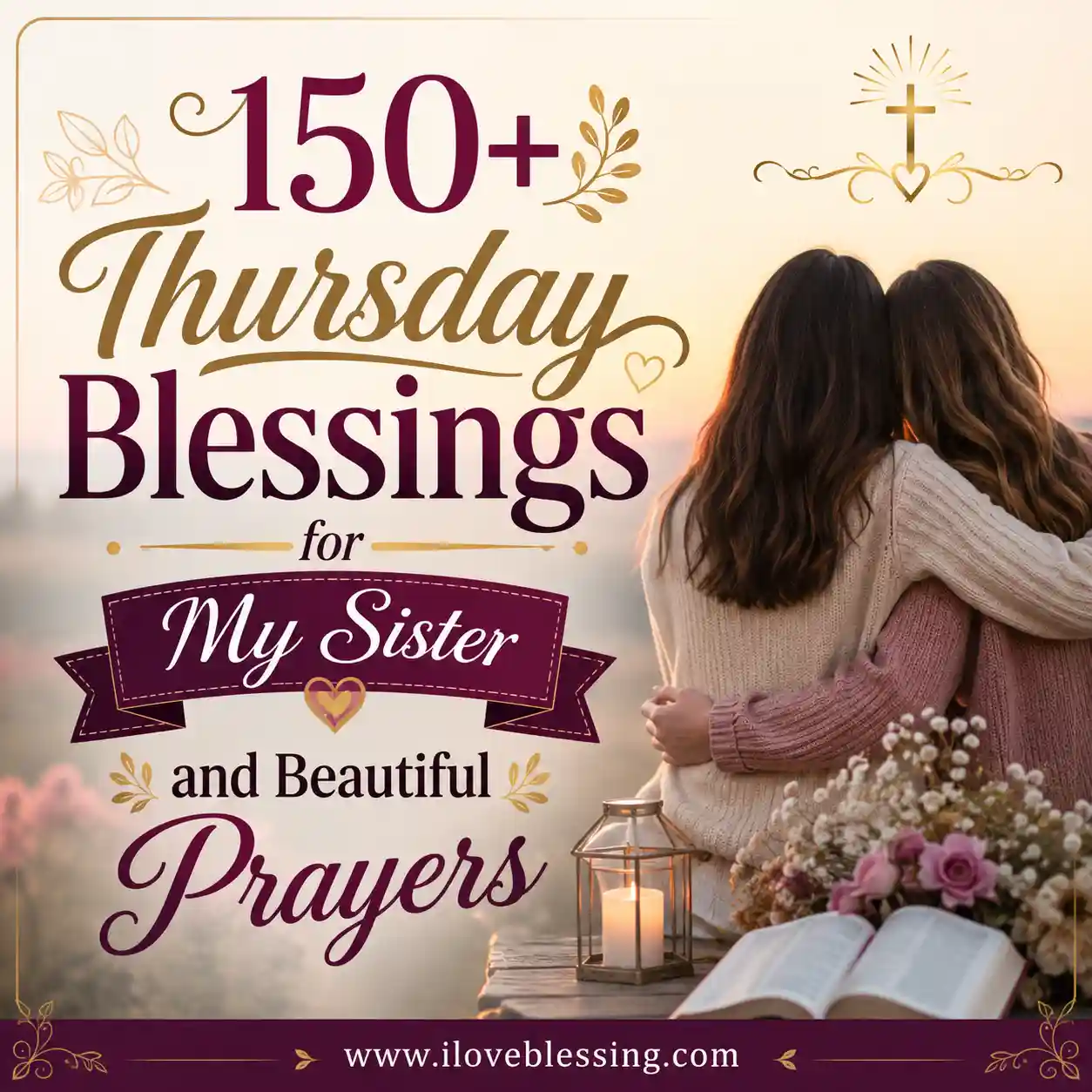 Two women sit embracing on a wooden bench, surrounded by flowers and a lit lantern, with a backdrop of a sunset. Text reads "150+ Thursday Blessings for My Sister and Beautiful Prayers." The scene conveys warmth and togetherness.