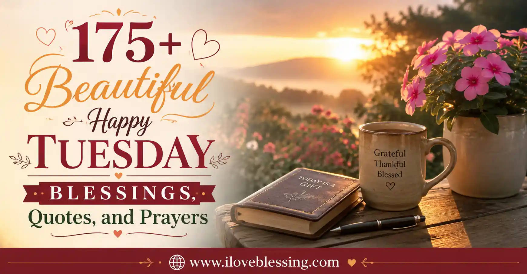 Beautiful Happy Tuesday blessings image with sunrise, flowers, coffee mug, journal, and uplifting quotes in a peaceful morning setting.