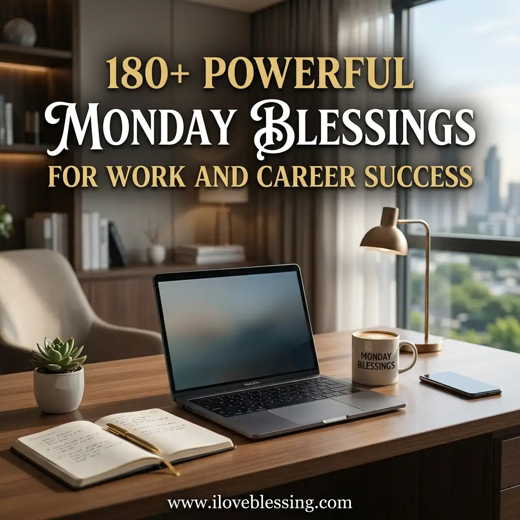 Modern office setting with a laptop, notebook, and a coffee mug reading "Monday Blessings" on a wooden desk. Text: "180+ Powerful Monday Blessings." Cozy and inspiring.