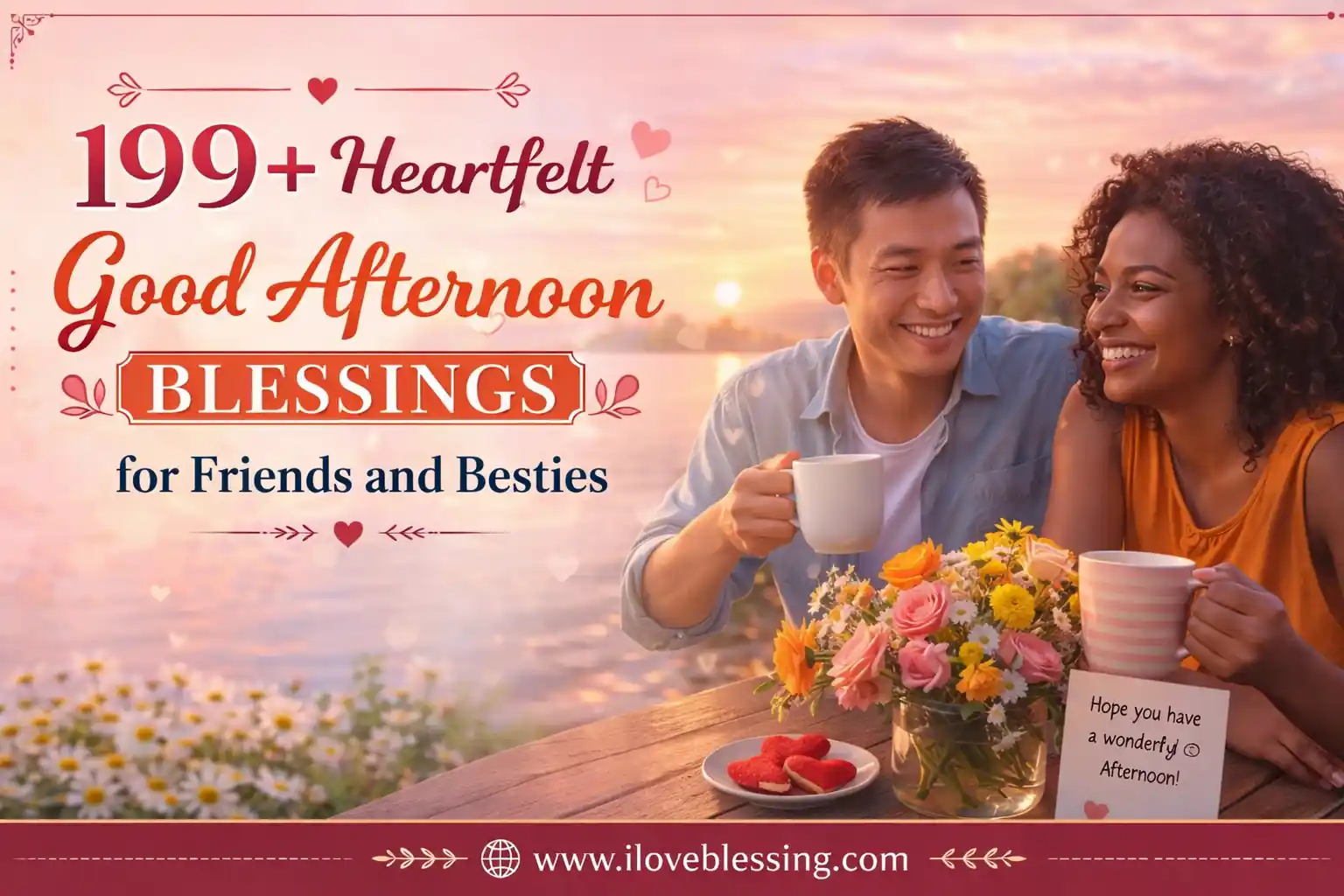 Heartfelt good afternoon blessings banner featuring two best friends enjoying coffee at sunset with flowers and uplifting friendship message.