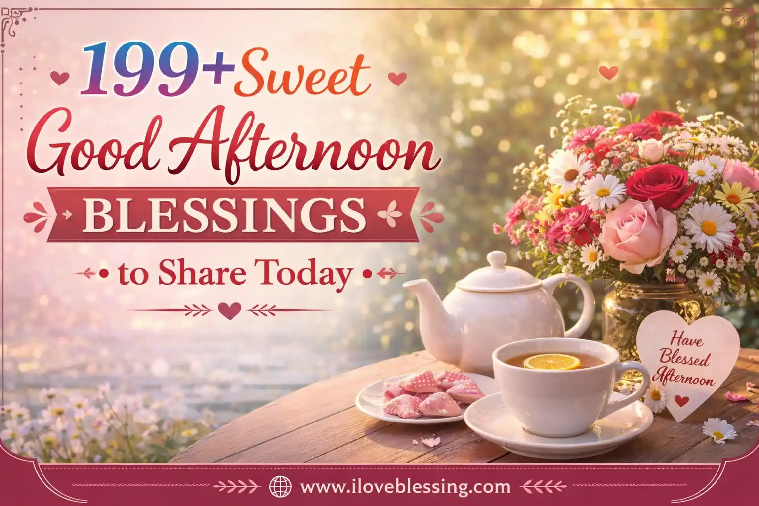 Sweet good afternoon blessings banner with tea cup, flowers, warm sunlight, and inspirational text for sharing afternoon prayers today.