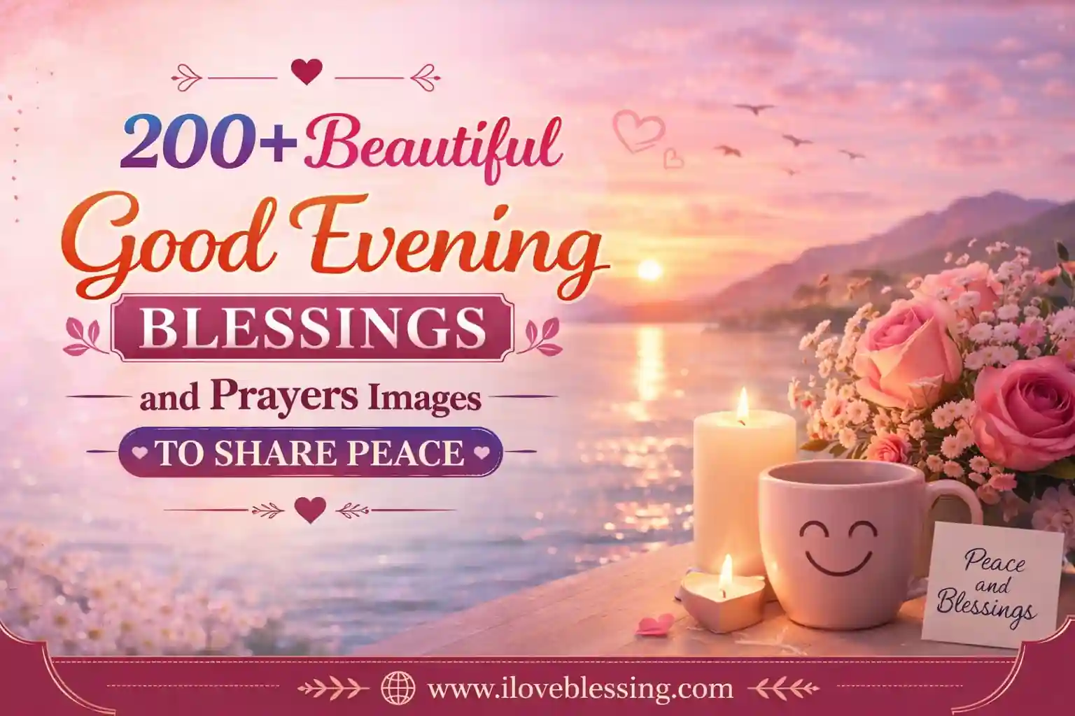 Beautiful good evening blessings image with sunset lake view, candles, flowers, coffee mug, and prayers message for peace from iloveblessing.com.