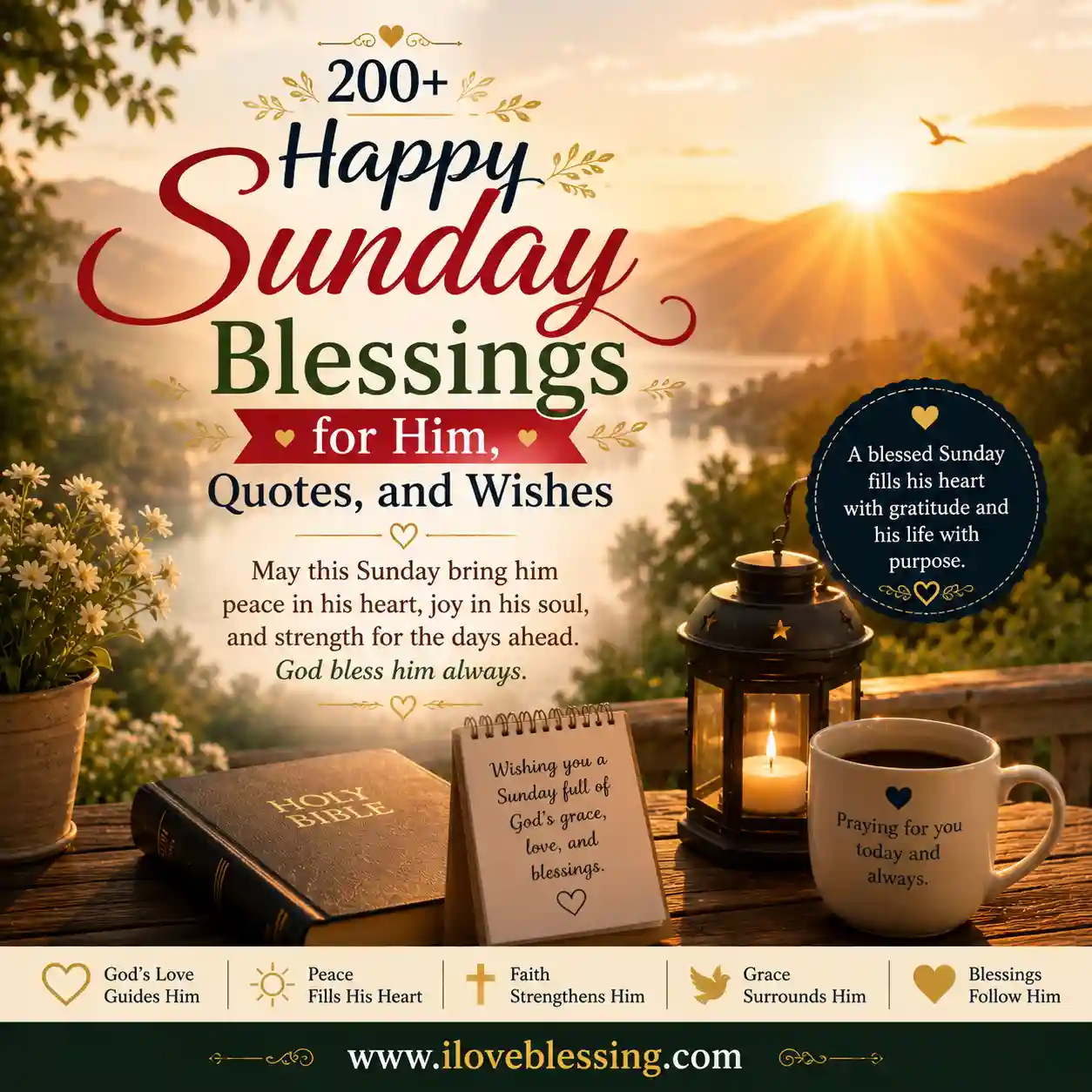 Happy Sunday blessings image with sunrise, Bible, lantern, and heartfelt wishes for him filled with peace, faith, grace, and love.