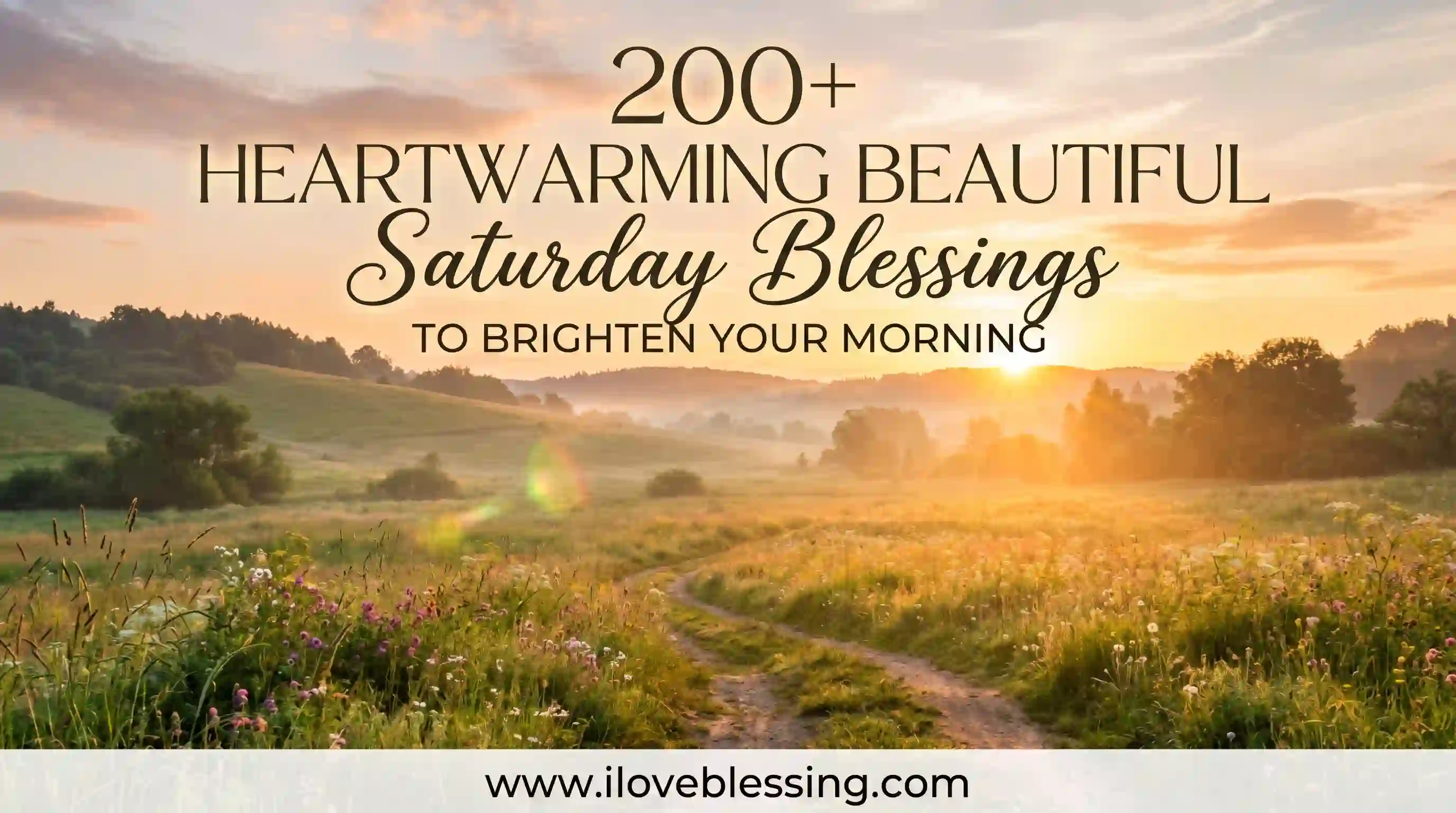 Sunrise over a grassy field with wildflowers and hills