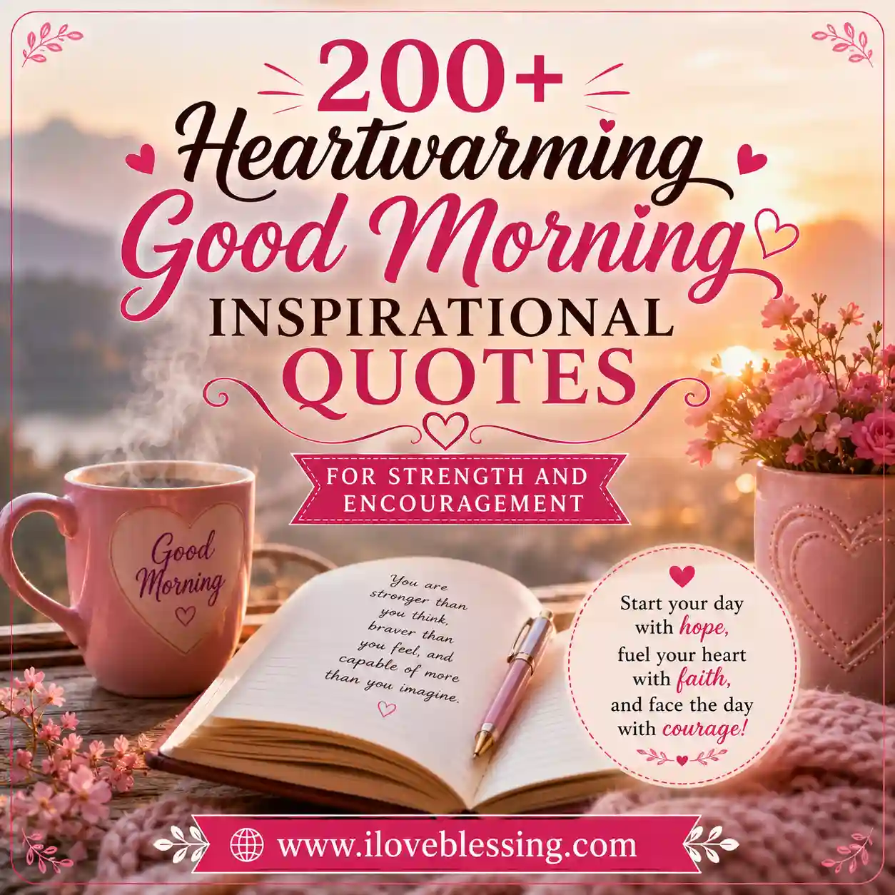 Warm sunrise morning inspiration graphic with coffee mug, flowers, notebook, and motivational strength quotes.