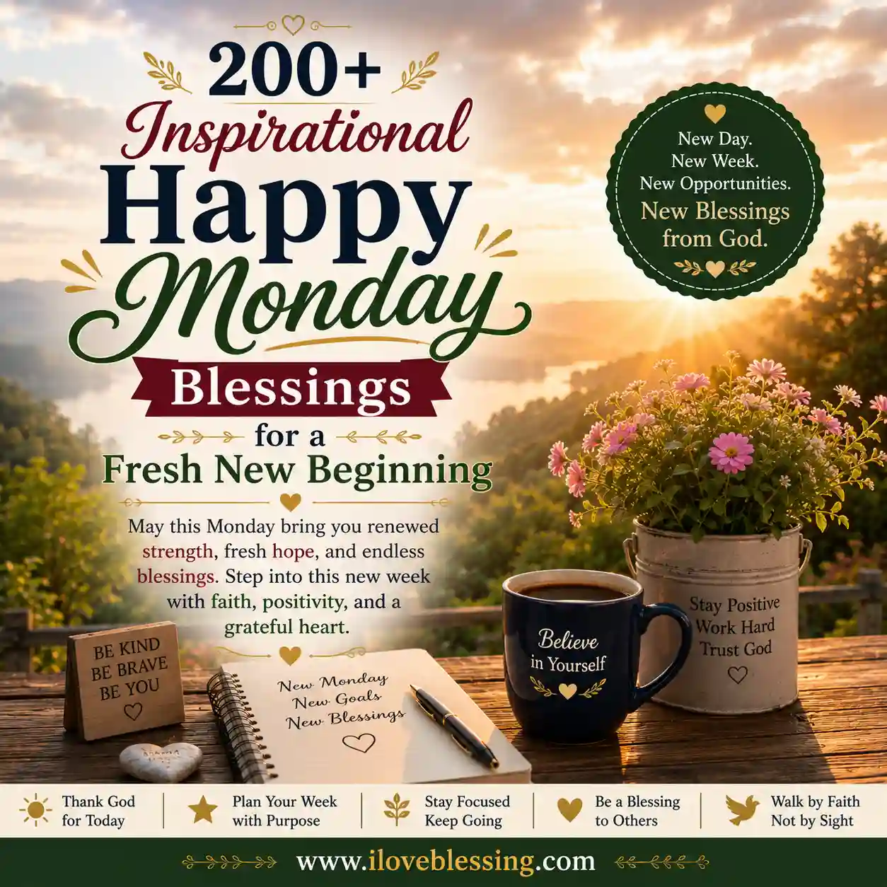 Inspirational Monday blessings image with notebook, coffee mug, and plant on a table. Text offers hope, positivity, and gratitude for a fresh start.