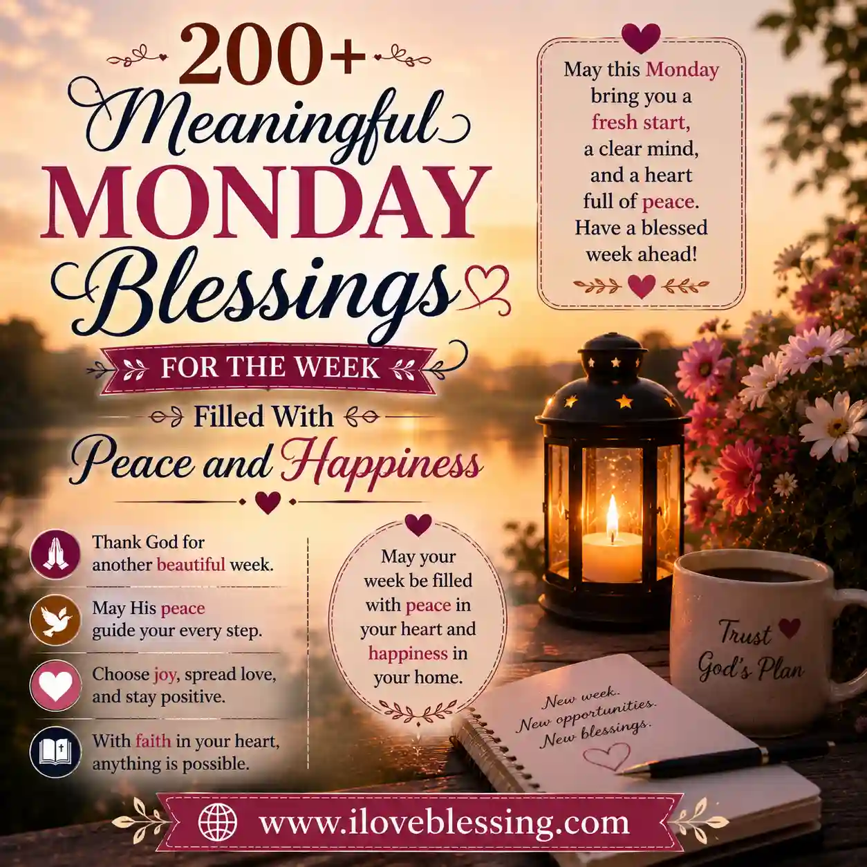Inspirational quote graphic with "200+ Meaningful Monday Blessings" text. Features a lantern, cup, notebook, and flowers against a sunset background, conveying peace.