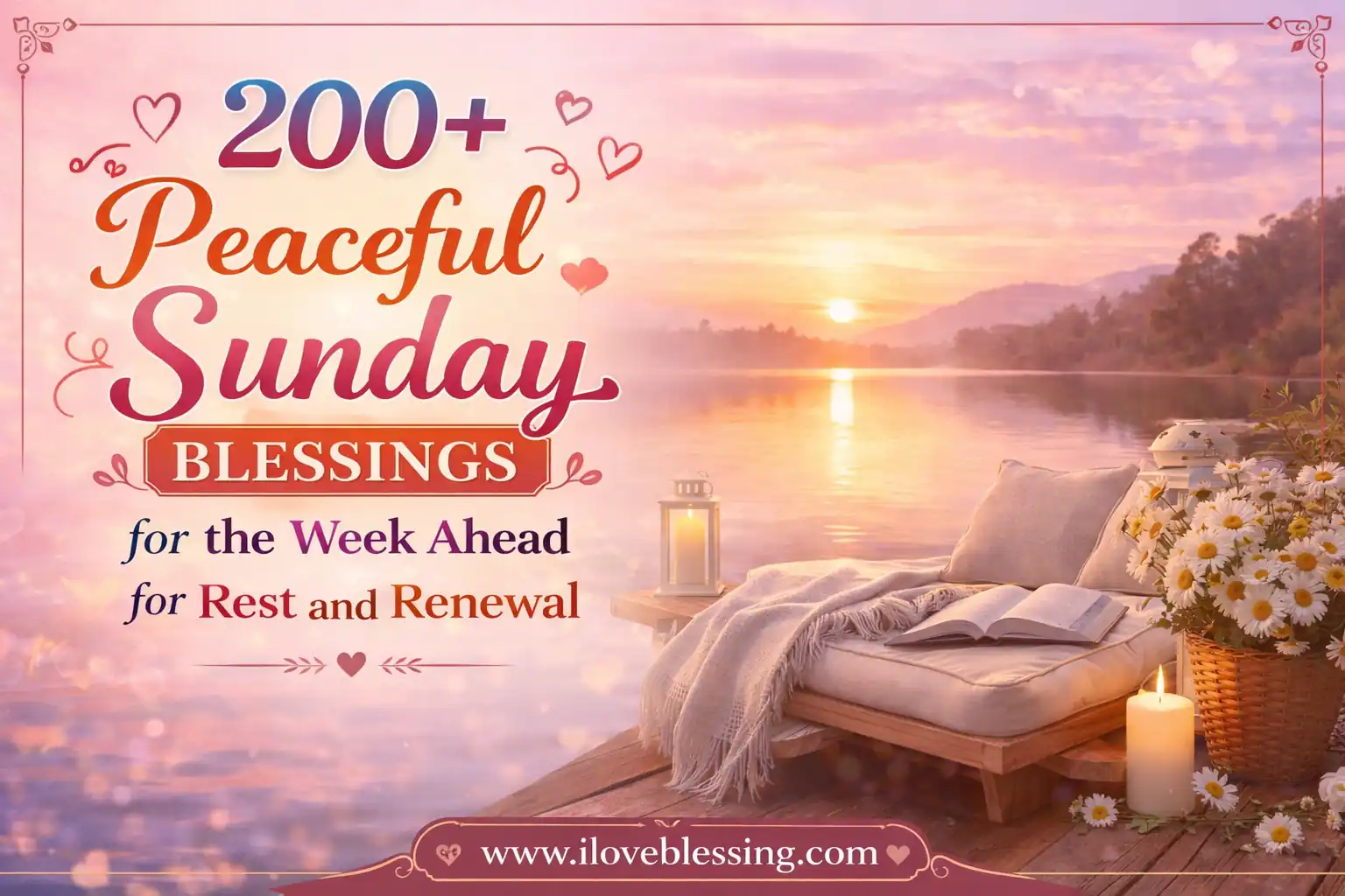 Peaceful Sunday blessings image with sunrise lake view, cozy chair, flowers, candle, and text about rest, renewal, and week ahead blessings.