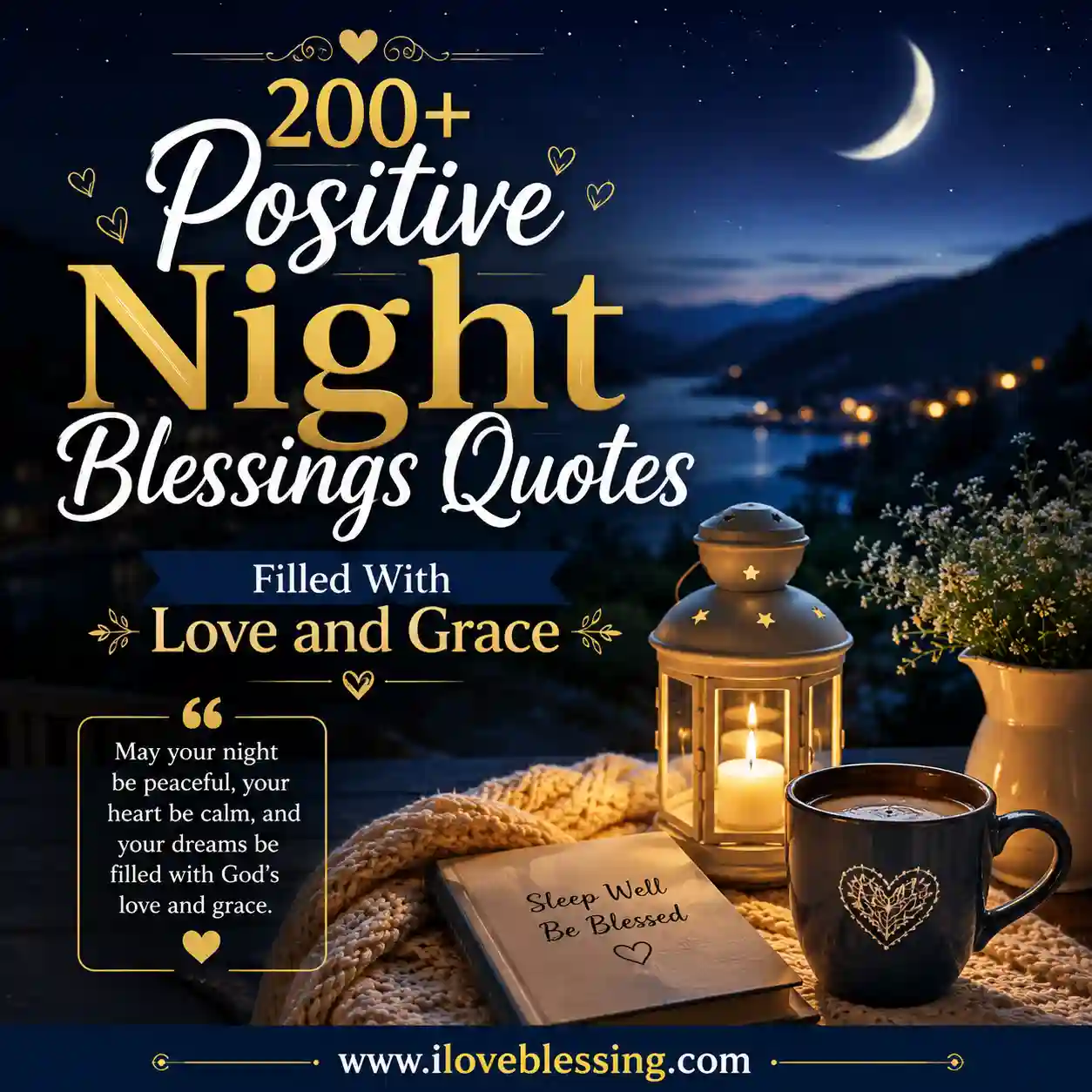 Peaceful night blessings quote image with moonlight, glowing lantern, cozy coffee mug, and calming message filled with love and grace.