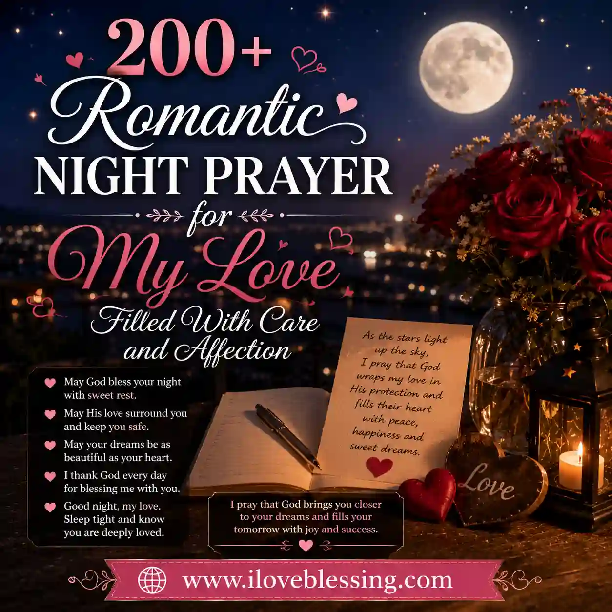 Romantic night scene with glowing candles, roses, and a full moon. Text reads "200+ Romantic Night Prayer for My Love," expressing warmth and affection.