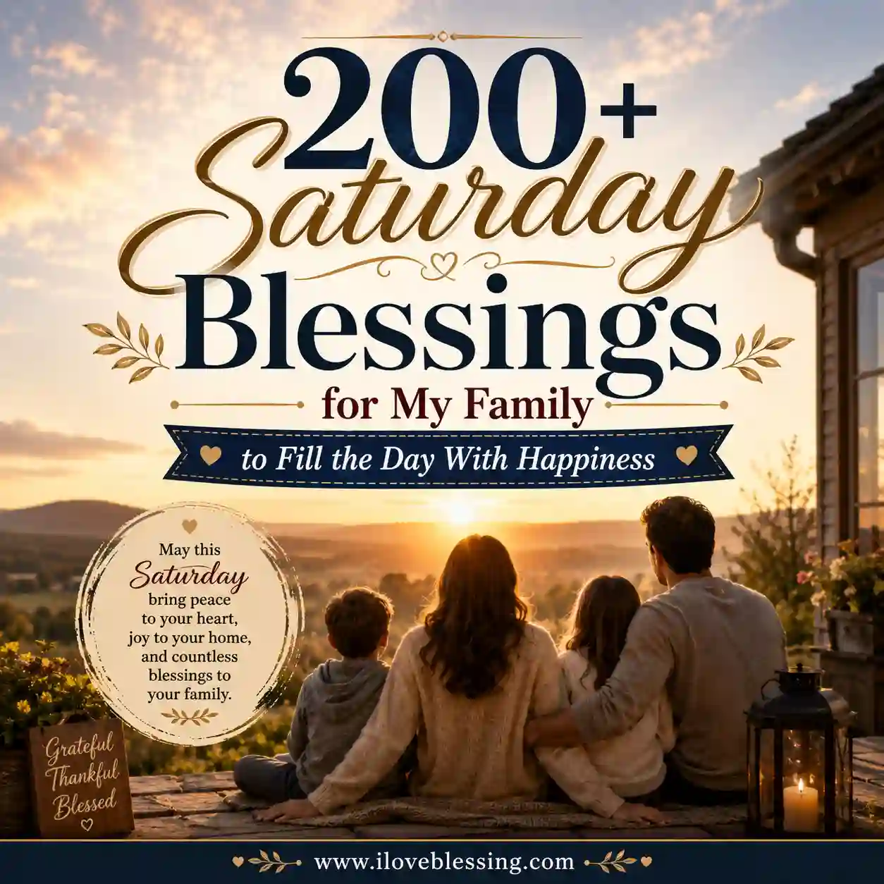 A family sits on a porch, watching the sunset. Text reads "200+ Saturday Blessings for My Family to Fill the Day with Happiness," conveying warmth and togetherness.