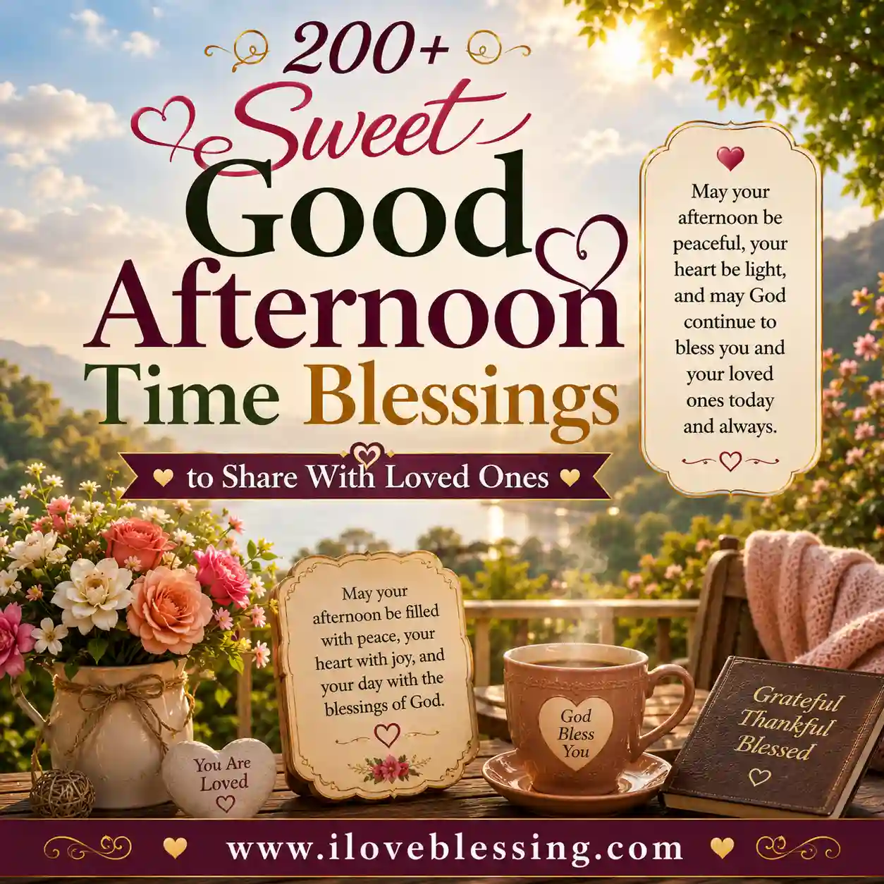 Cozy outdoor scene with floral accents, teacup, and warm blanket. Text reads: "200+ Sweet Good Afternoon Time Blessings." Includes heartfelt wishes.