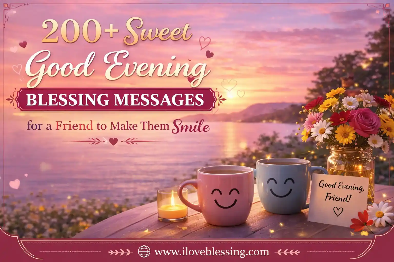 Good evening blessings banner with sunset lake view, flowers, smiling coffee mugs, candle, and friendship message text for iloveblessing.com.
