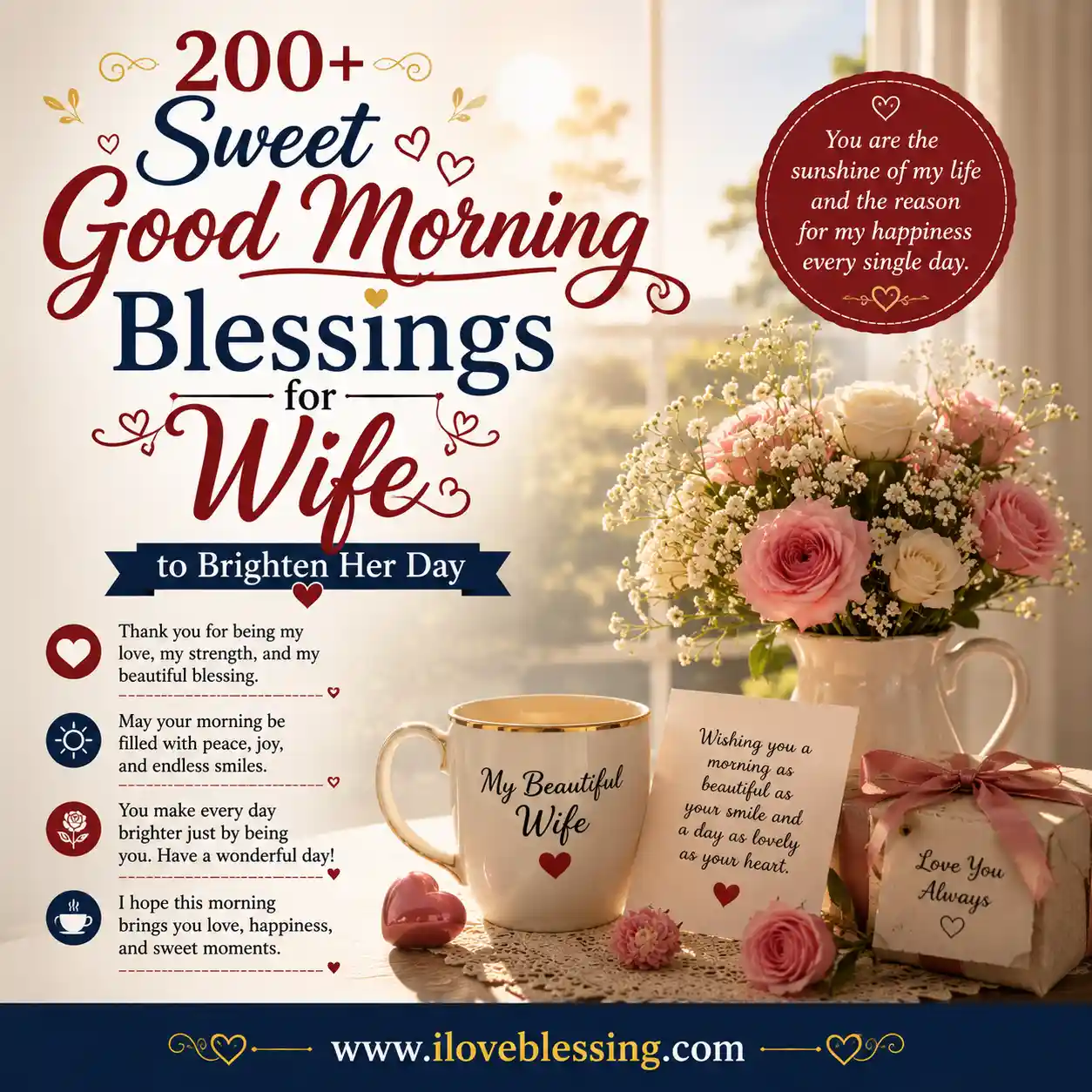 Romantic morning greeting card with text: "200+ Sweet Good Morning Blessings for Wife." Features pink roses, a mug labeled "My Beautiful Wife," and heartfelt messages.