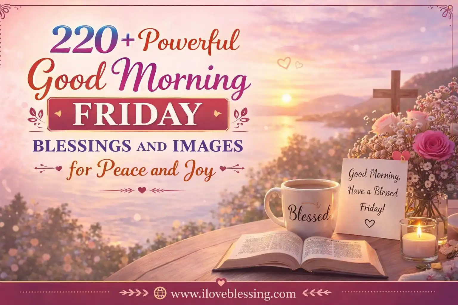 Good morning Friday blessings image with sunrise, Bible, coffee mug, flowers, candle, and prayer message for peace and joy.