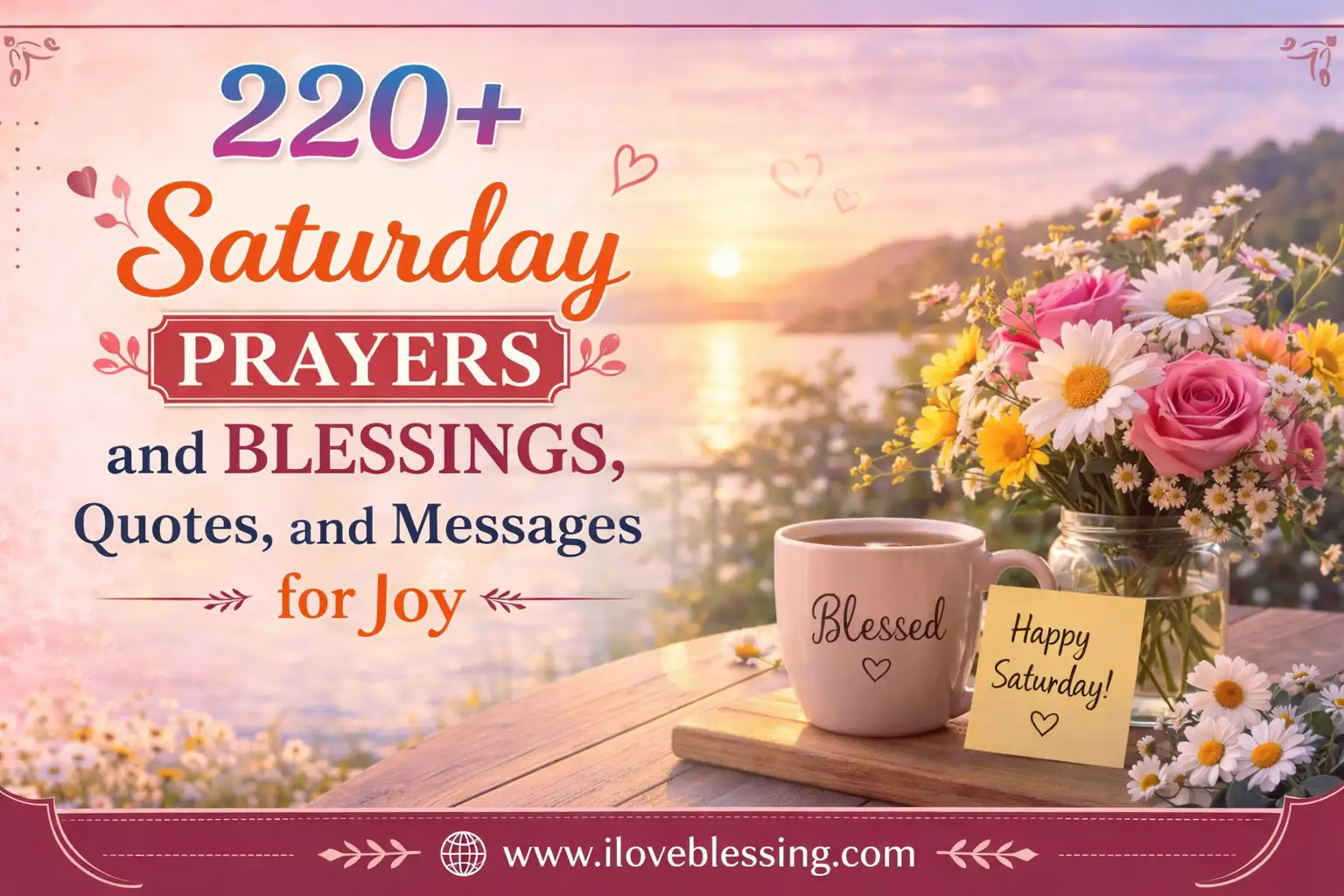 Saturday prayers and blessings featured image with sunrise lake view, flowers, coffee mug, joyful message, and www.iloveblessing.com banner.