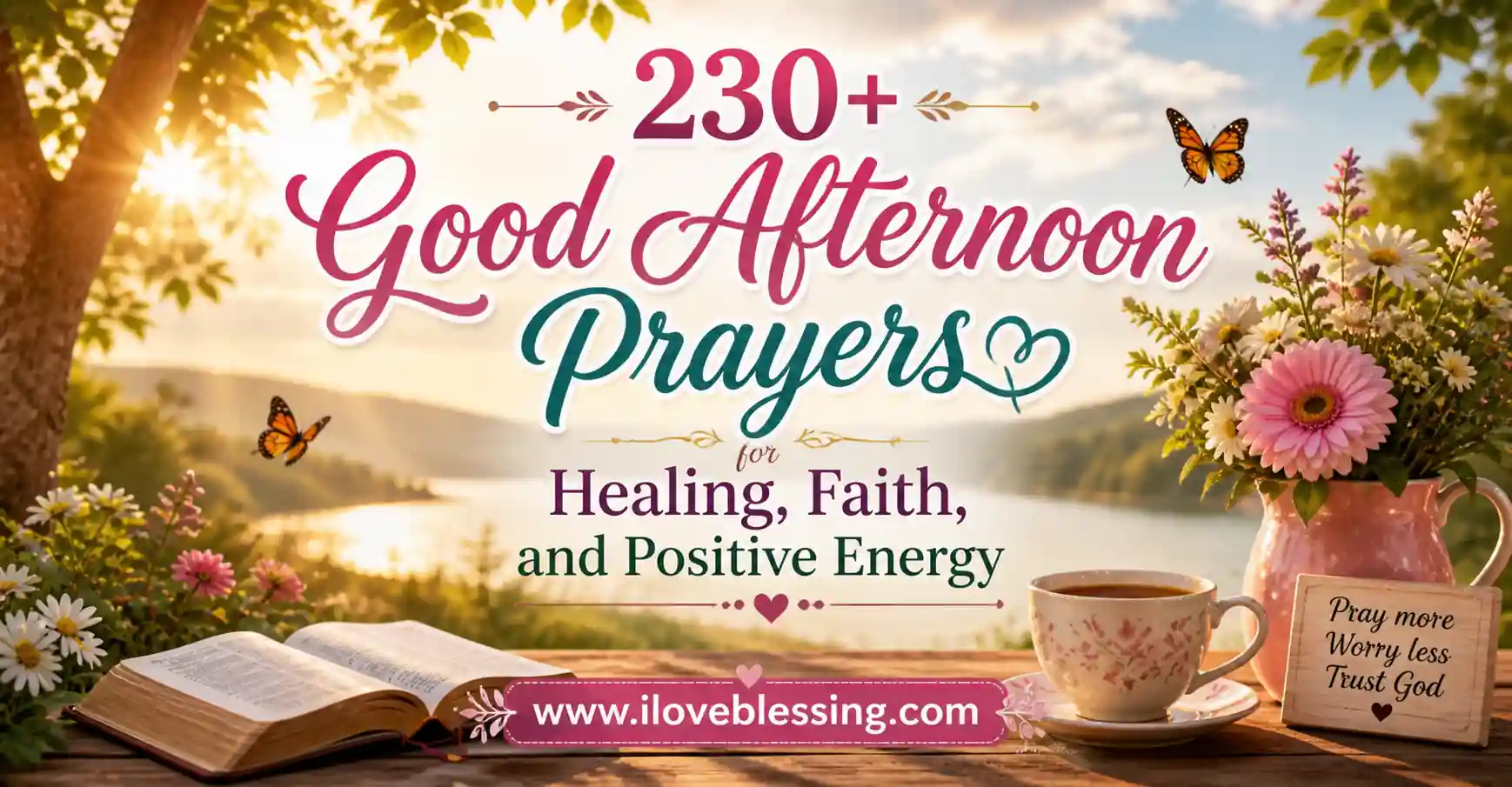 Good afternoon prayers banner with flowers, tea cup, open book, and sunset landscape featuring healing, faith, and positive energy message with website name iloveblessing.com