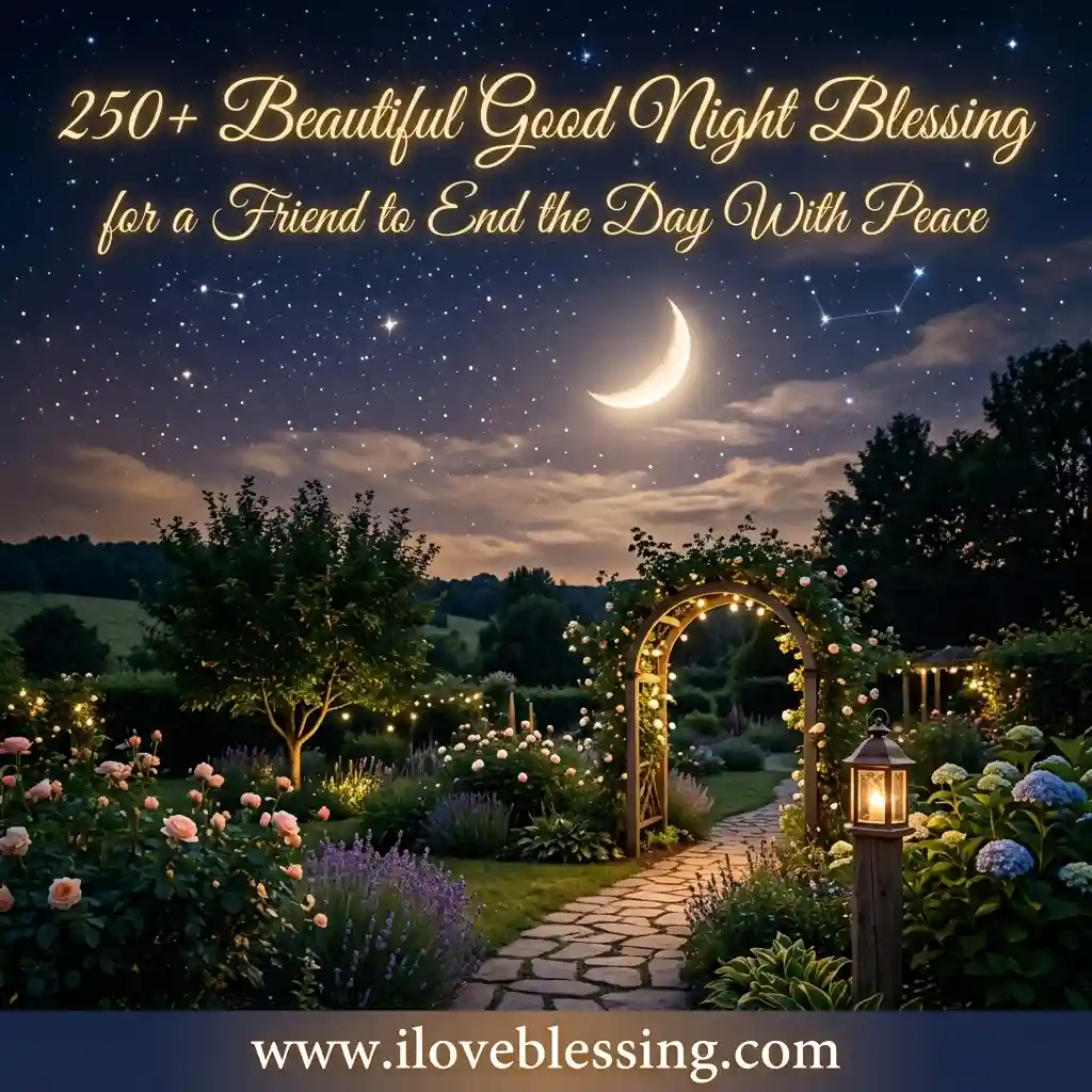 Starry night sky with crescent moon over a serene garden path, lined with glowing lights and blooming flowers. Text: "250+ Beautiful Good Night Blessing."