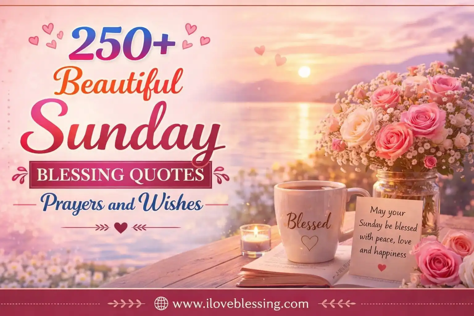 Beautiful Sunday blessings image with sunrise lake view, flowers, coffee mug, prayers, wishes quote text, and iloveblessing.com footer.