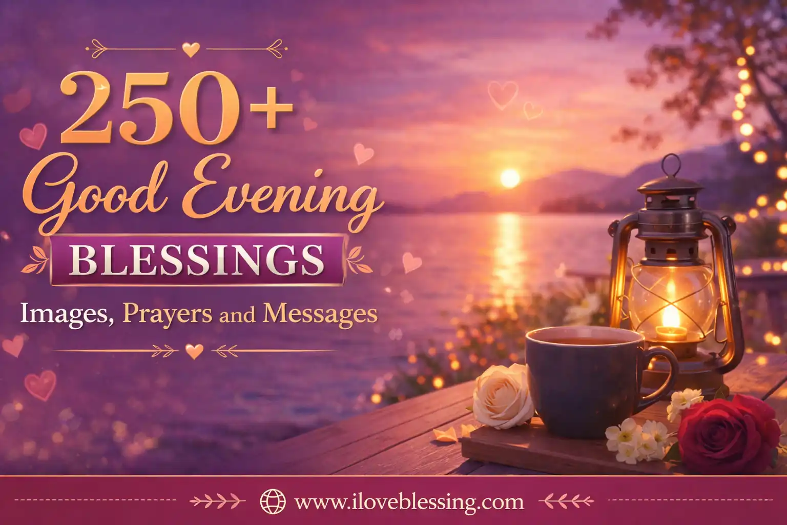 Good evening blessings featured image with sunset lake view, lantern, coffee cup, flowers, and prayers messages text for iloveblessing.com.