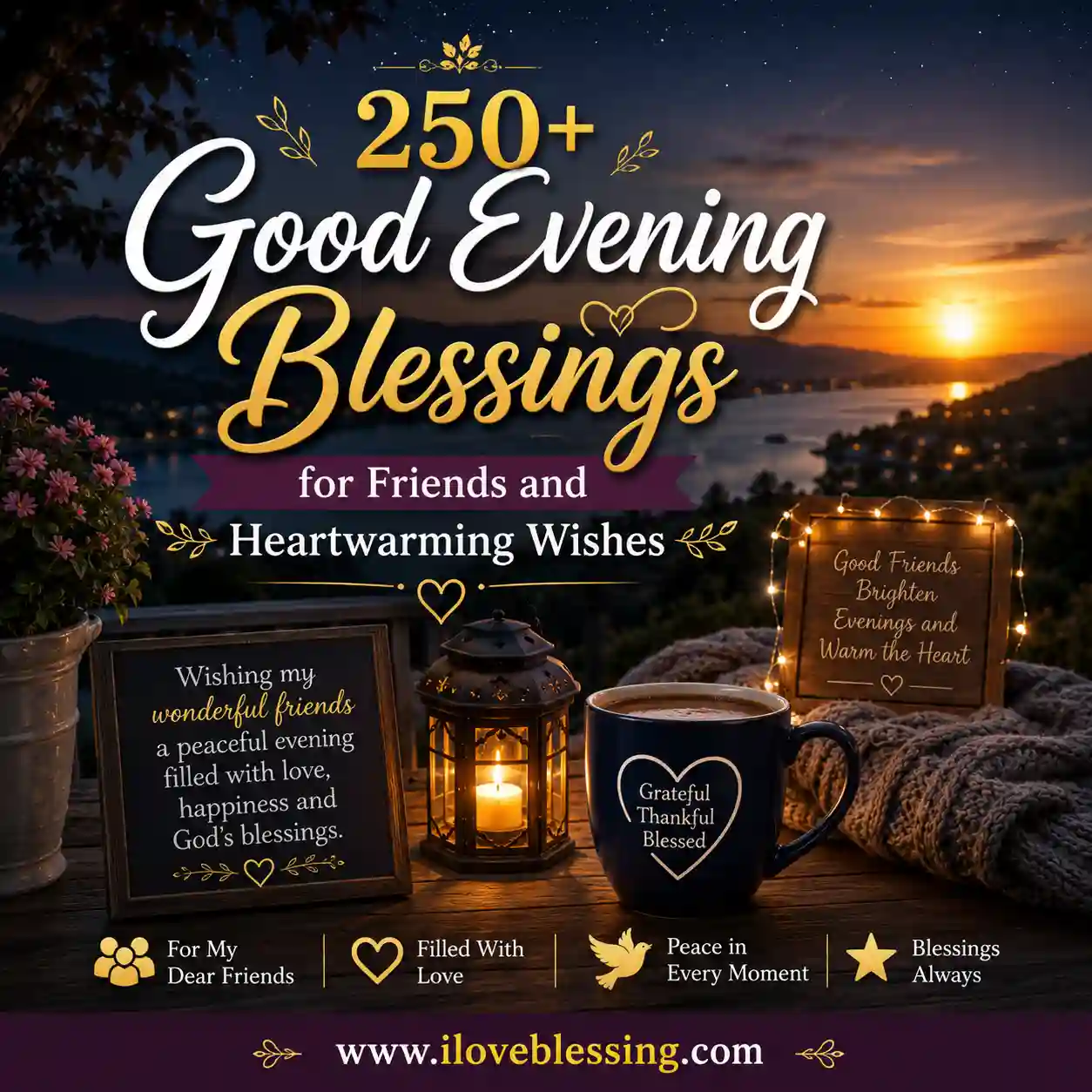 Good evening blessings image with sunset lake view, glowing lantern, coffee mug, and heartwarming wishes for dear friends and peace.
