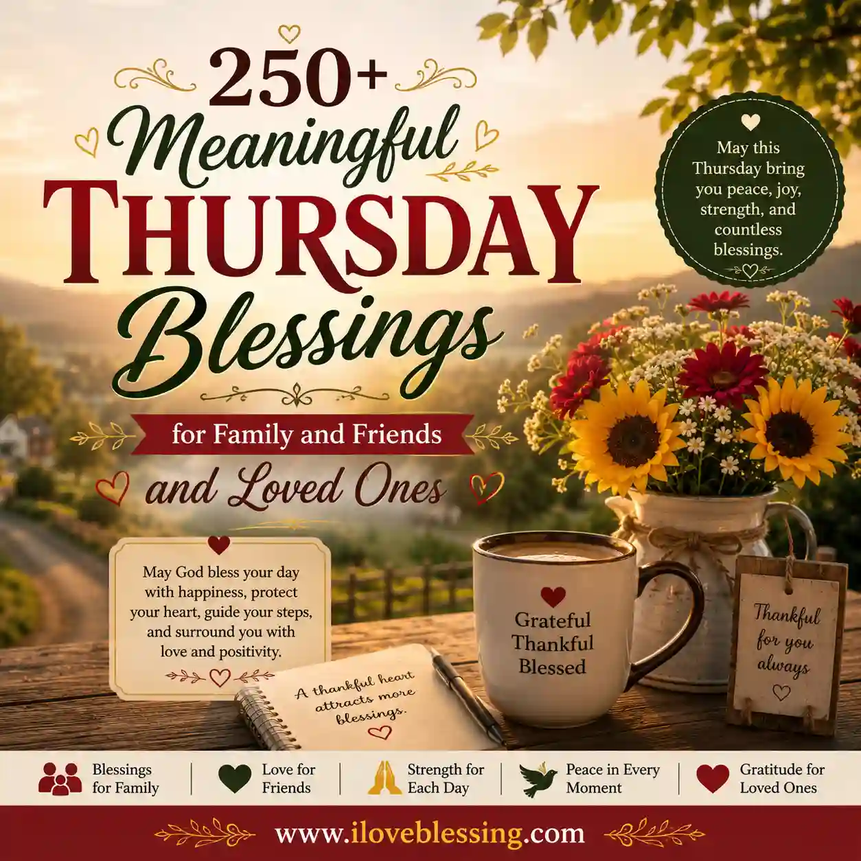 250+ Meaningful Thursday Blessings for Family and Friends.' A mug, flowers, and a warm sunset set a peaceful tone. Keywords: blessings, gratitude."