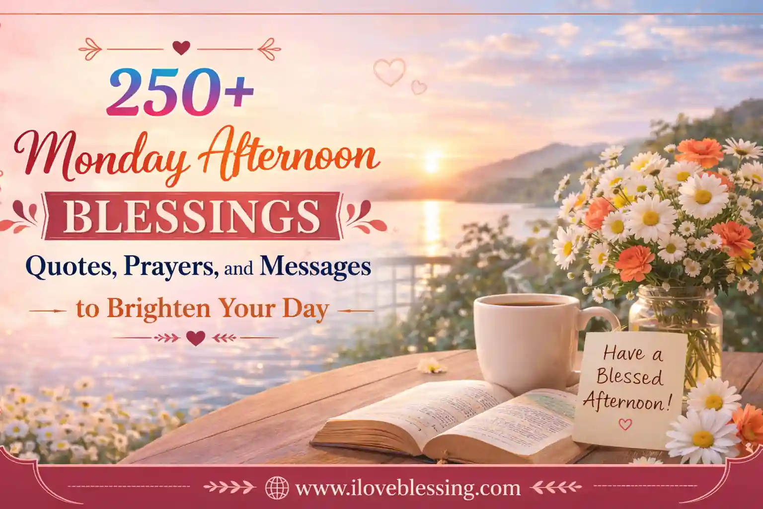 Monday afternoon blessings image with flowers, coffee cup, Bible, sunset lake view, and inspirational text to brighten your day from iloveblessing.com.