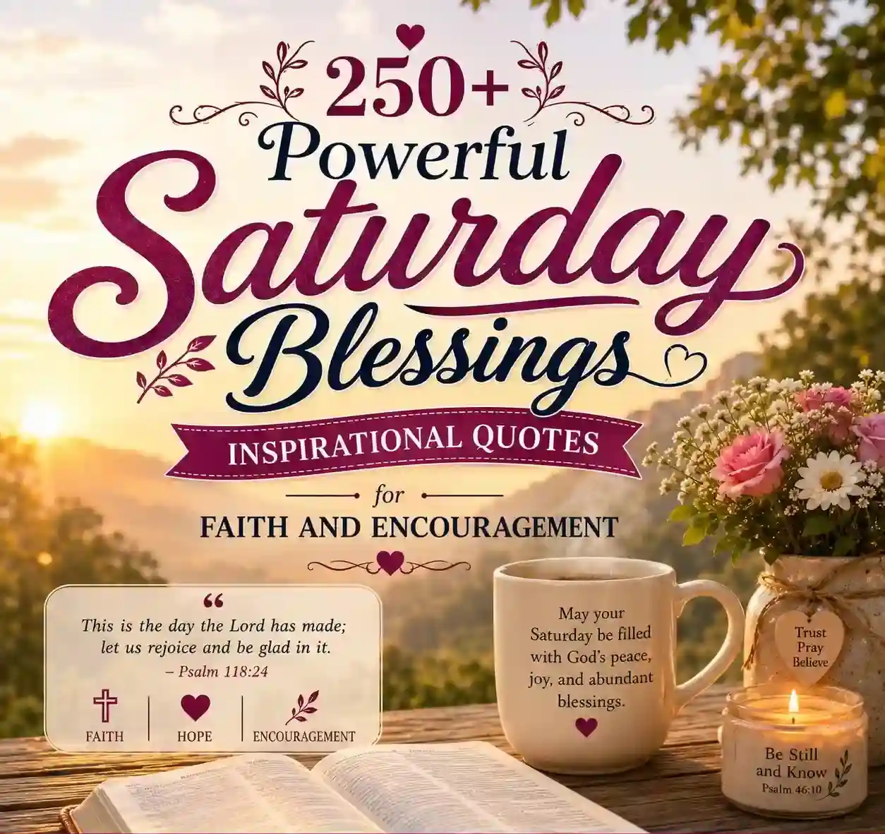Sunrise Saturday blessings graphic with flowers, Bible, candle and coffee mug, featuring faith-filled inspirational quotes and blessingwish.com daily!