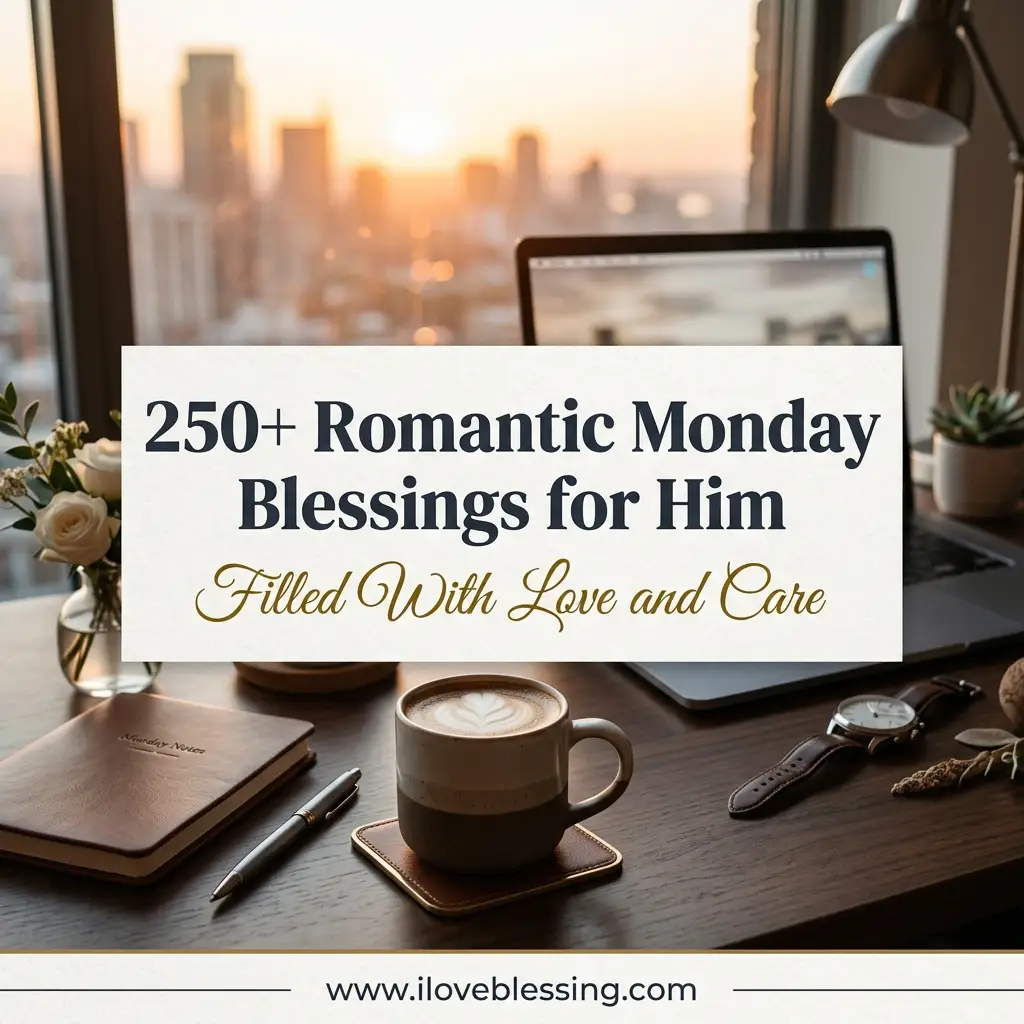 Promotional image overlaying "250+ Romantic Monday Blessings for Him" onto a desk scene with coffee, a journal, and a city sunrise background.