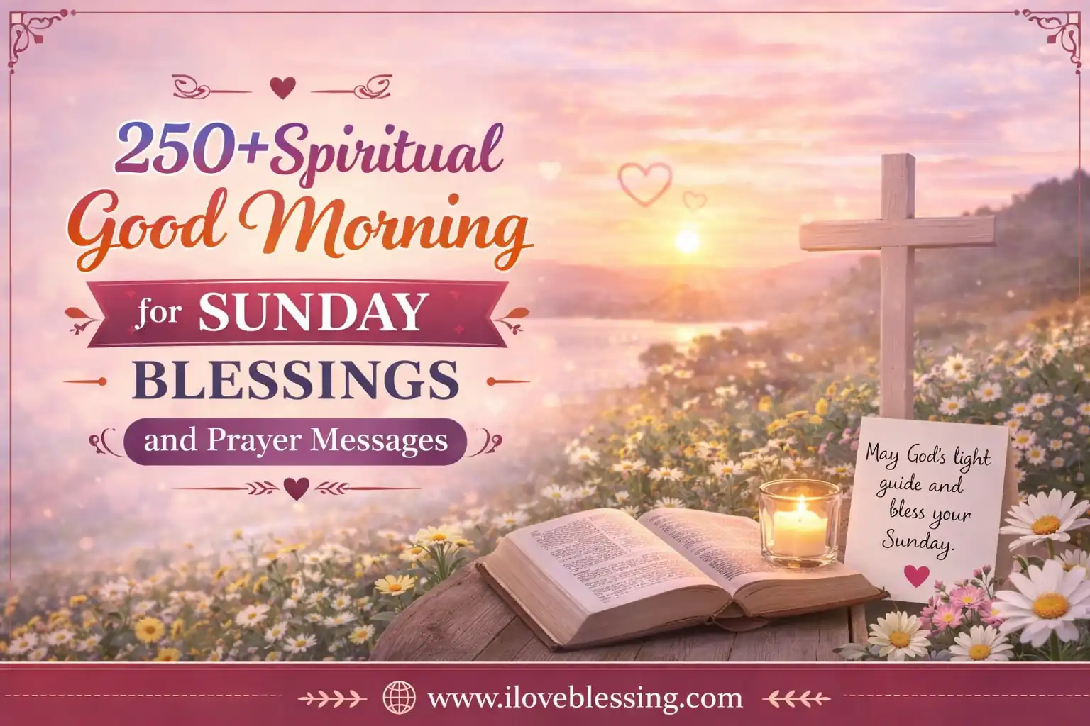 Spiritual Sunday blessings image with sunrise, cross, Bible, candle, flowers, and prayer message for a peaceful good morning.
